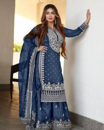 DESIGNER GEORGETTE EMBROIDERY SEQUENCE WORK TOP SHARARA WITH DUPATTA BLUE