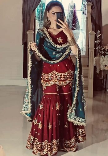 DESIGNER GEORGETTE EMBROIDERY SEQUENCE WORK TOP SHARARA WITH DUPATTA MAROON