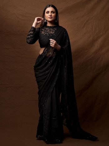 DESIGNER GEORGETTE EMBROIDERY THREAD AND SEQUENCE WORK SAREE WITH UNSTITCHED BLOUSE  BLACK