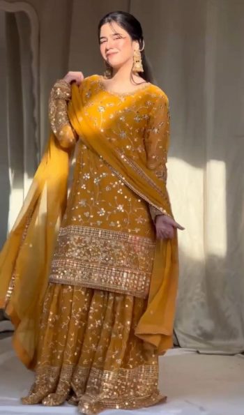 DESIGNER GEORGETTE EMBROIDERY THREAD SEQUENCE WORK TOP SHARARA WITH DUPATTA YELLOW