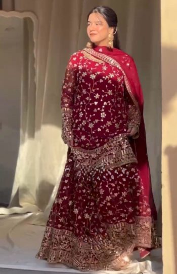 DESIGNER GEORGETTE EMBROIDERY THREAD SEQUENCE WORK TOP SHARARA WITH DUPATTA RANI
