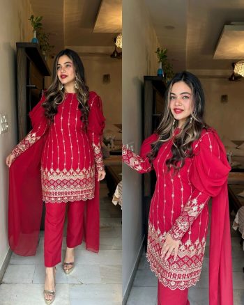 DESIGNER GEORGETTE EMBROIDERY ZARI SEQUENCE WORK TOP BOTTOM WITH ATTACHED DUPATTA RANI