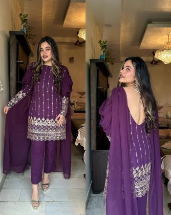 DESIGNER GEORGETTE EMBROIDERY ZARI SEQUENCE WORK TOP BOTTOM WITH ATTACHED DUPATTA PURPLE