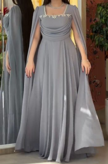 DESIGNER GEORGETTE HANDWORK FANCY SLEEVES FLAIRED GOWN GREY
