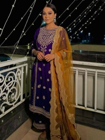 DESIGNER GEORGETTE SEQUENCE AND  ZARI  EMBROIDERY WORK  TOP PALAZZO WITH DUPATTA  PURPLE