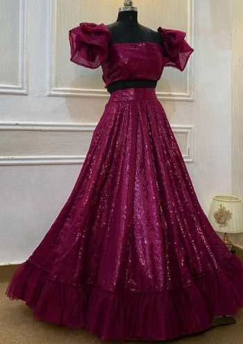 DESIGNER GEORGETTE SEQUENCE RUFFLE WORK LEHENGA CHOLI WITH DUPATTA MAROON