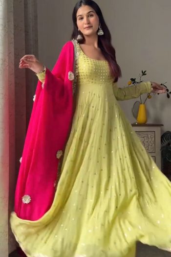 DESIGNER GEORGETTE THREAD WITH SEQUENCE WORK GOWN BOTTOM WITH DUPATTA PARROT GREEN