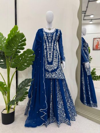 DESIGNER GEORGETTE THREAD WITH SEQUENCE WORK TOP PALAZZO WITH DUPATTA  BLUE