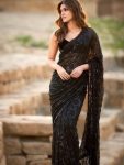DESIGNER GEROGETTE MULTI EMBROIDERY WITH SEQUENCE STITCH WORK SAREE WITH UNSTITCHED BLOUSE BLACK