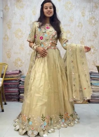 DESIGNER GOLD CRUSH EMBROIDERY THREAD AND SEQUENCE WORK TOP LEHENGA JACKET WITH DUPATTA CREAM