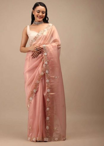 DESIGNER JIMMY CHOO HAND WORK CUT BORDER WORK SAREE WITH UNSTITCHED BLOUSE PEACH