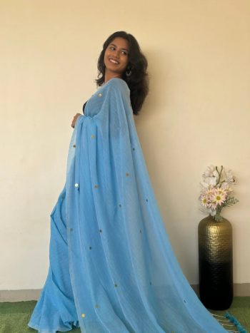 DESIGNER KHADI COTTON MIRROR WORK SAREE WITH UNSTITCHED BLOUSE SKY