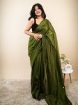 DESIGNER KHADI COTTON MIRROR WORK SAREE WITH UNSTITCHED BLOUSE MEHNDI