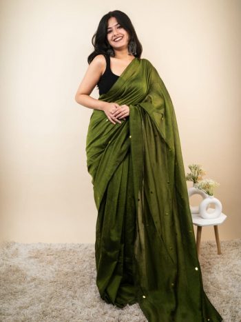 DESIGNER KHADI COTTON MIRROR WORK SAREE WITH UNSTITCHED BLOUSE MEHNDI