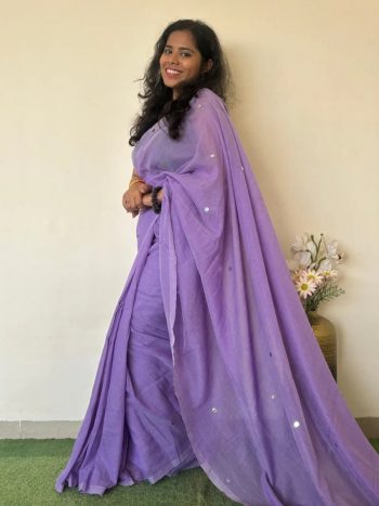 DESIGNER KHADI COTTON MIRROR WORK SAREE WITH UNSTITCHED BLOUSE LAVENDER