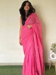 DESIGNER KHADI COTTON MIRROR WORK SAREE WITH UNSTITCHED BLOUSE PINK