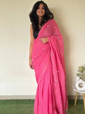DESIGNER KHADI COTTON MIRROR WORK SAREE WITH UNSTITCHED BLOUSE PINK