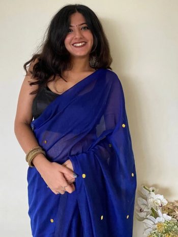 DESIGNER KHADI COTTON MIRROR WORK SAREE WITH UNSTITCHED BLOUSE BLUE