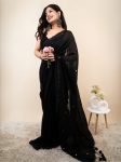 DESIGNER KHADI COTTON MIRROR WORK SAREE WITH UNSTITCHED BLOUSE BLACK