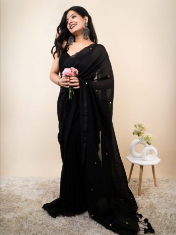 DESIGNER KHADI COTTON MIRROR WORK SAREE WITH UNSTITCHED BLOUSE BLACK