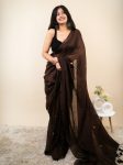 DESIGNER KHADI COTTON MIRROR WORK SAREE WITH UNSTITCHED BLOUSE COFFEE