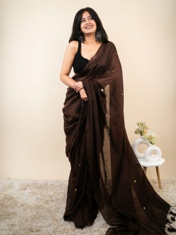 DESIGNER KHADI COTTON MIRROR WORK SAREE WITH UNSTITCHED BLOUSE COFFEE