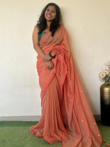 DESIGNER KHADI COTTON MIRROR WORK SAREE WITH UNSTITCHED BLOUSE PEACH