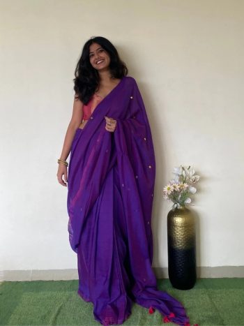 DESIGNER KHADI COTTON MIRROR WORK SAREE WITH UNSTITCHED BLOUSE PURPLE