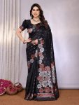 DESIGNER LITCHI SILK JACQUARD WORK SAREE WITH UNSTITCHED BLOUSE BLACK