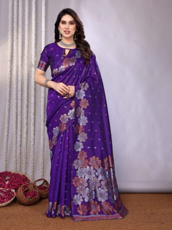 DESIGNER LITCHI SILK JACQUARD WORK SAREE WITH UNSTITCHED BLOUSE PURPLE