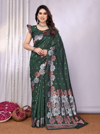 DESIGNER LITCHI SILK JACQUARD WORK SAREE WITH UNSTITCHED BLOUSE GREEN