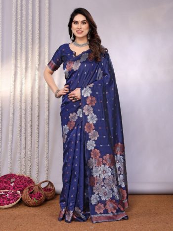 DESIGNER LITCHI SILK JACQUARD WORK SAREE WITH UNSTITCHED BLOUSE NAVY BLUE