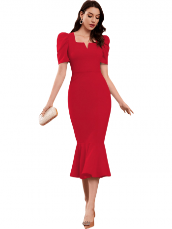 DESIGNER LYCRA BLEND PUFF SLEEVES BODYCON ONE PIECE DRESS RED