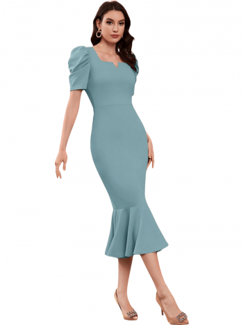 DESIGNER LYCRA BLEND PUFF SLEEVES BODYCON ONE PIECE DRESS SKY