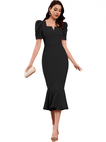 DESIGNER LYCRA BLEND PUFF SLEEVES BODYCON ONE PIECE DRESS BLACK