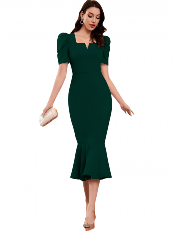 DESIGNER LYCRA BLEND PUFF SLEEVES BODYCON ONE PIECE DRESS GREEN