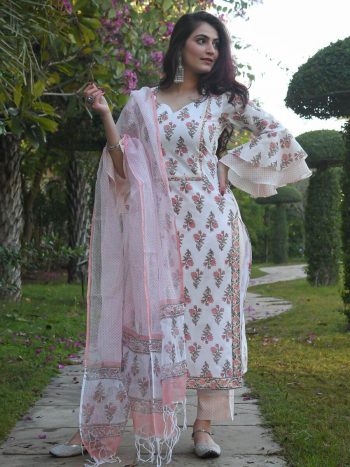 DESIGNER MAGIC COTTON PRINTED FANCY SLEEVE WORK TOP BOTTOM WITH DUPATTA WHITE