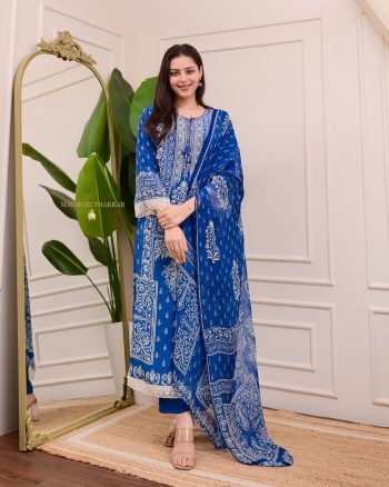 DESIGNER MUSLIN COTTON DIGITAL PRINTED REAL MIRROR HANDWORK TOP BOTTOM WITH DUPATTA BLUE