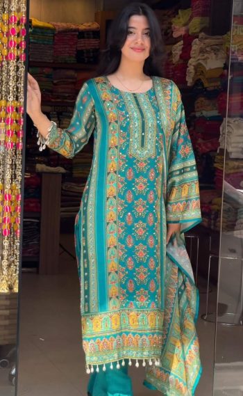 DESIGNER MUSLIN DIGITAL PRINTED MIRROR WORK TOP BOTTOM WITH DUPATTA RAMA