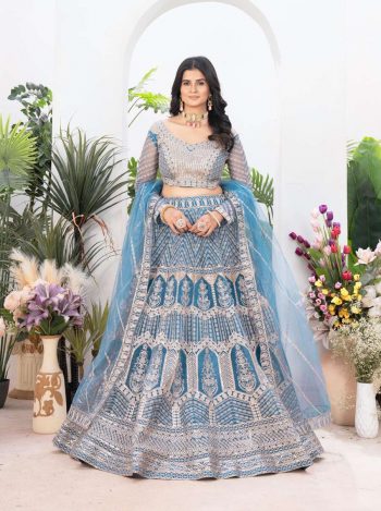 DESIGNER NET EMBROIDERY SEQUENCE WORK LEHENGA CHOLI WITH DUPATTA SKY