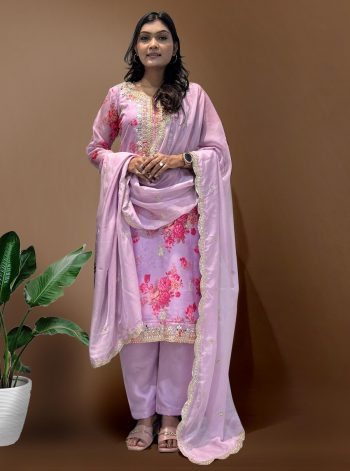 DESIGNER ORGANZA DIGITAL PRINTED EMBROIDERY CODING SEQUENCE WORK TOP BOTTOM WITH DUPATTA LAVENDER