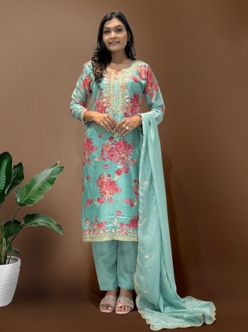 DESIGNER ORGANZA DIGITAL PRINTED EMBROIDERY CODING SEQUENCE WORK TOP BOTTOM WITH DUPATTA SKY