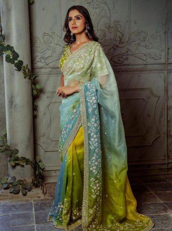 DESIGNER ORGANZA SILK EMBROIDERY PANEL WORK AND CUT BORDER WORK SAREE WITH UNSTITCHED BLOUSE MULTI