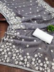 DESIGNER ORGANZA SILK EMBROIDERY WORK SAREE WITH UNSTITCHED BLOUSE PARTY WEAR WHOLESALE PRICE ETHNIC GARMENT (4)