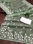 DESIGNER ORGANZA SILK EMBROIDERY WORK SAREE WITH UNSTITCHED BLOUSE PARTY WEAR WHOLESALE PRICE ETHNIC GARMENT (7)