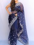 DESIGNER ORGANZA SILK  EMBROIDERY WORK SAREE WITH UNSTITCHED BLOUSE NAVY BLUE