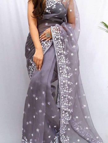 DESIGNER ORGANZA SILK  EMBROIDERY WORK SAREE WITH UNSTITCHED BLOUSE GREY