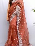 DESIGNER ORGANZA SILK  EMBROIDERY WORK SAREE WITH UNSTITCHED BLOUSE PEACH