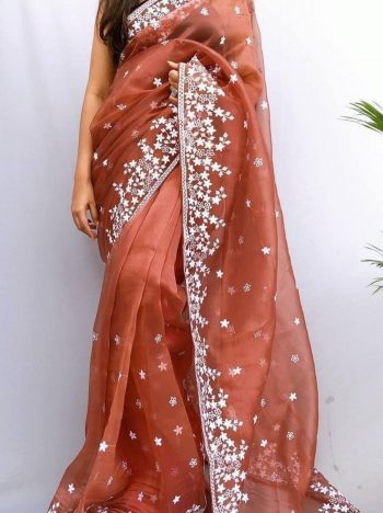 DESIGNER ORGANZA SILK  EMBROIDERY WORK SAREE WITH UNSTITCHED BLOUSE PEACH