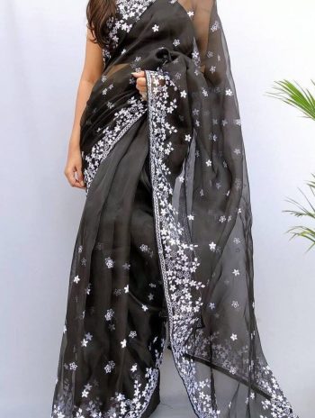DESIGNER ORGANZA SILK  EMBROIDERY WORK SAREE WITH UNSTITCHED BLOUSE BLACK